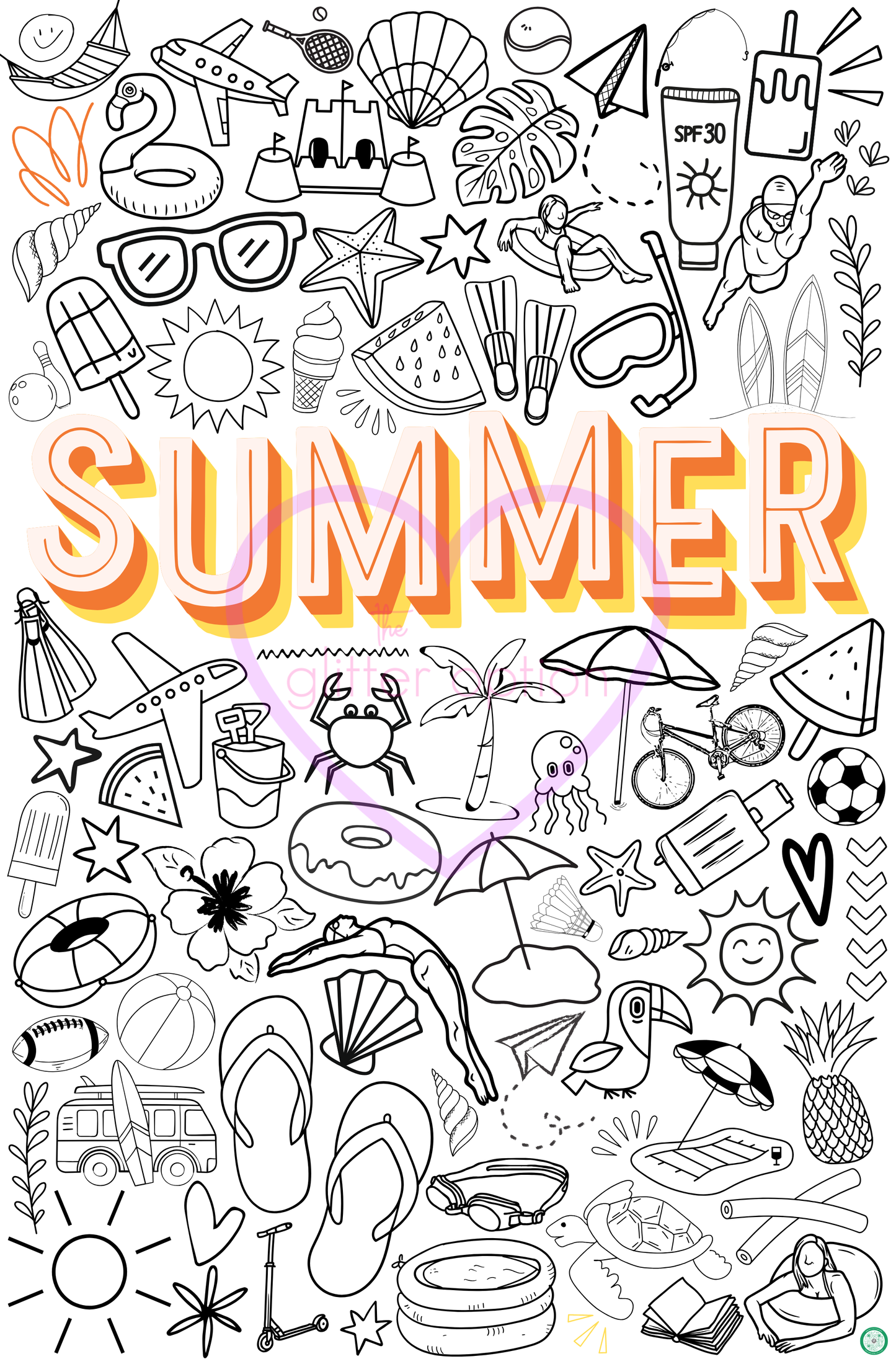 Colorful summer-themed illustrations with the word 'SUMMER' in the center.