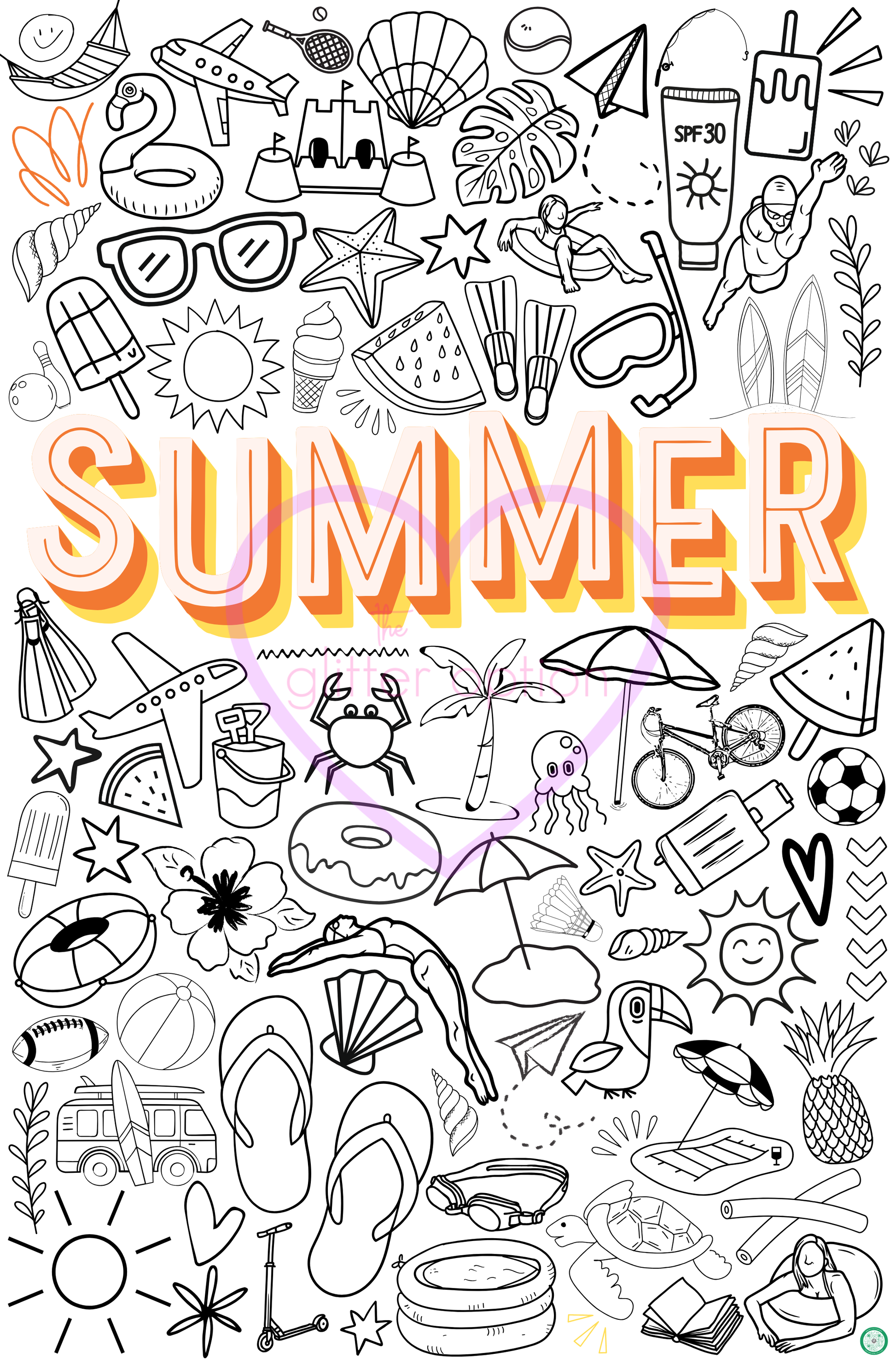 Colorful summer-themed illustrations with the word 'SUMMER' in the center.