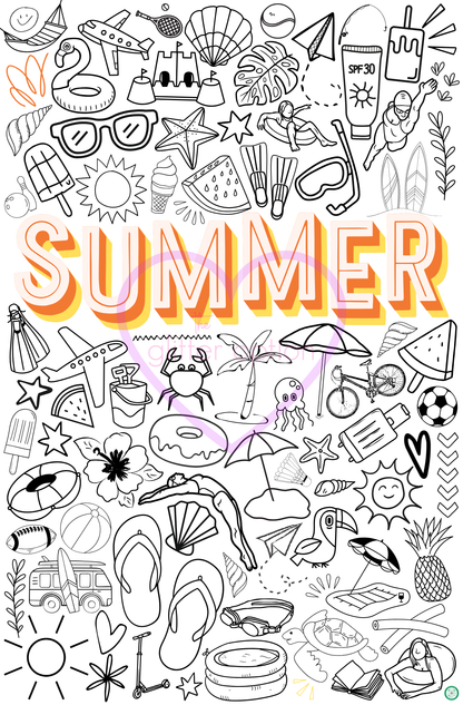 Colorful summer-themed illustrations with the word 'SUMMER' in the center.